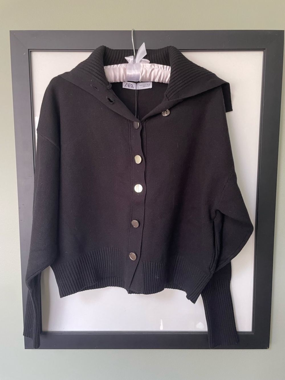 NWT- sz S- Zara Black Button-Front Women's Sweater- can button to cowl-like neck